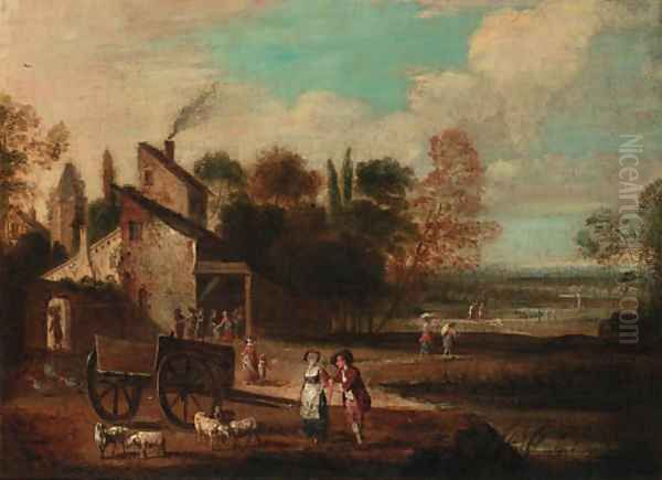 Figures in a farmyard Oil Painting by French School