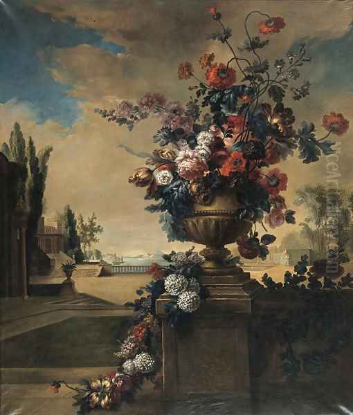 Flowers in a sculpted vase in a landscape Oil Painting by French School