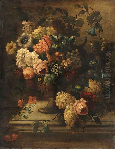 Flowers in a Vase and Grapes on a stone Plinth Oil Painting by French School