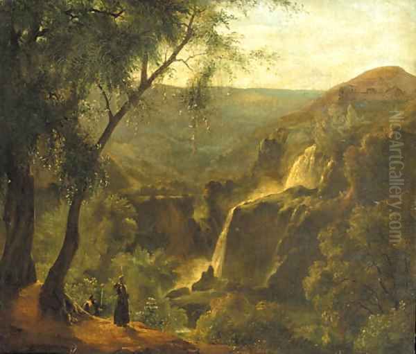 Monks standing on a wooded outcrop overlooking a rivervalley, a waterfall nearby Oil Painting by French School