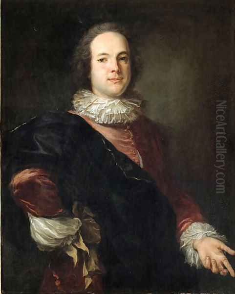 Portrait of a gentleman, three-quarter-length, in a red jacket with a white ruff and a blue mantle Oil Painting by French School