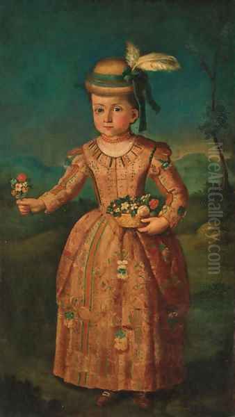 Portrait of a girl, standing full-length, in an embroidered dress and feather plumed hat, holding flowers in her hands Oil Painting by French School