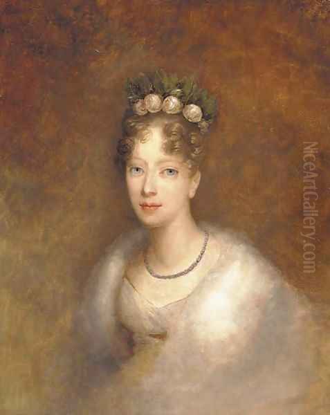 Portrait of a lady, bust-length, with roses in her hair Oil Painting by French School