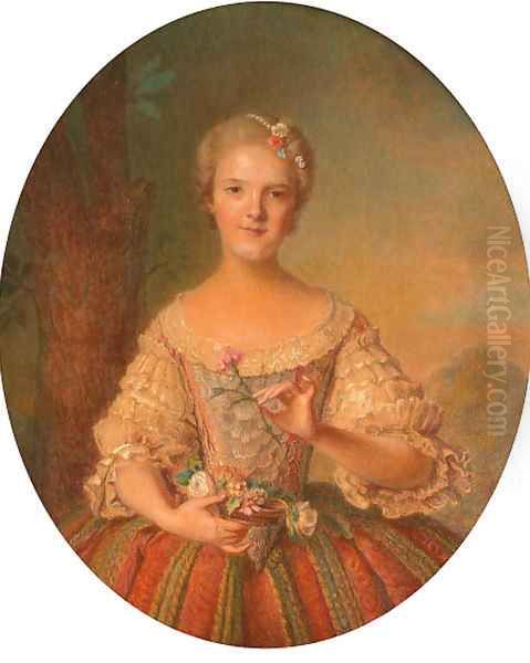 Portrait of a lady, half length, holding a pink carnation Oil Painting by French School