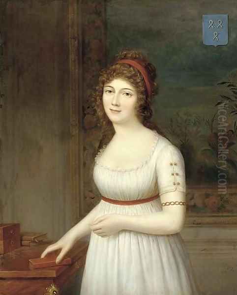 Portrait of a lady, three quarter-length, standing in an interior wearing a white empire style dress, her hand on a book Oil Painting by French School