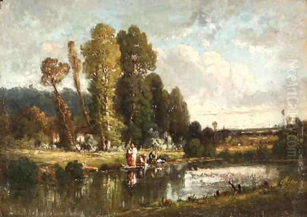 SchoolWasherwomen by a riverbank Oil Painting by French School