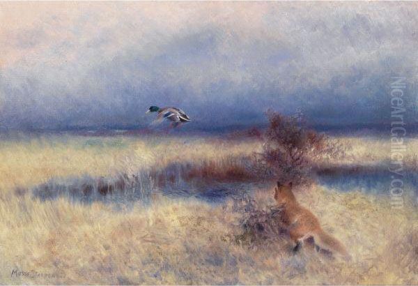 Rav Jagandes And (fox Chasing A Duck) Oil Painting by Mosse Stoopendaal