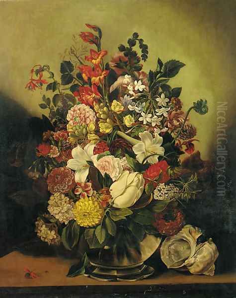 Summer flowers in a glass vase on a table Oil Painting by French School