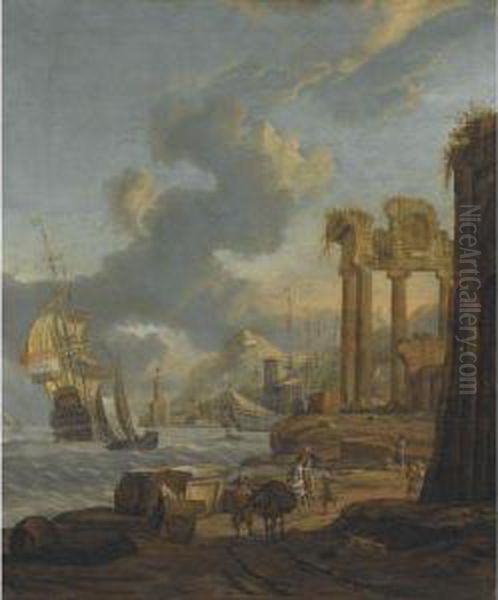 A Mediterranean Harbour Scene Oil Painting by Abraham Storck