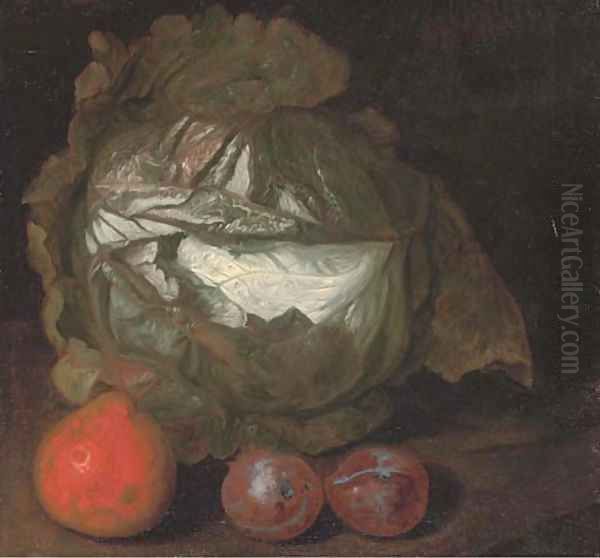 A cabbage with a pear and plums Oil Painting by French School