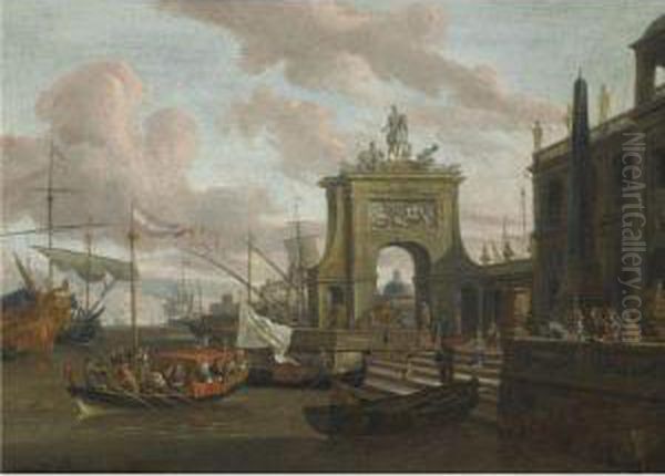 A Capriccio Of A Mediterranean Harbour Oil Painting by Abraham Storck