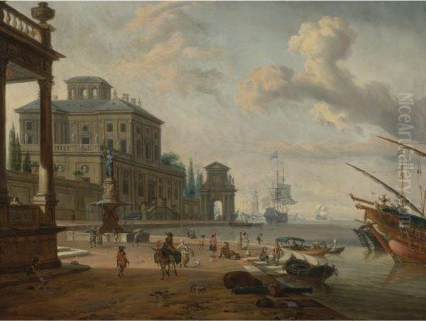 Italianate Harbor Scene With Figures And Animals In A Grandarchitectural Setting Oil Painting by Abraham Storck