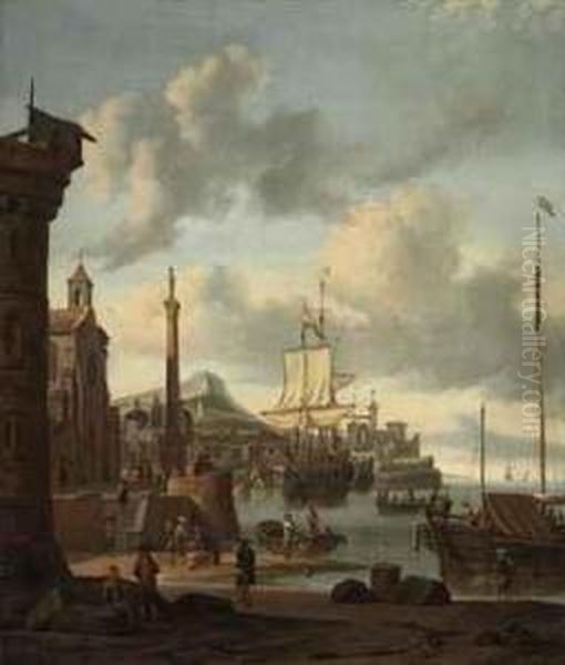 A Capriccio Of A Mediterranean Harbour Oil Painting by Abraham Storck