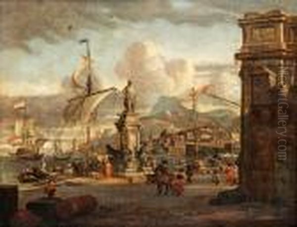 Scene At The Harbour With Oriental Merchants Oil Painting by Abraham Storck