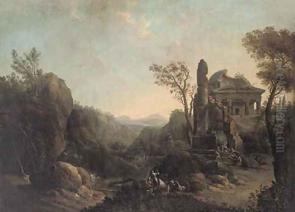 A capriccio with figures conversing by the ruined Pantheon and herdsmen watering their cattle Oil Painting by French School