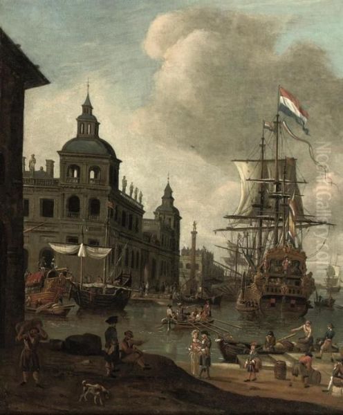 A 'capriccio' View Of A Mediterranean Harbour With A Man O'war Oil Painting by Abraham Storck