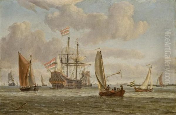 Un Vaisseau Entoure De Voiliers, La Cote A L'arriere-plan Oil Painting by Abraham Storck