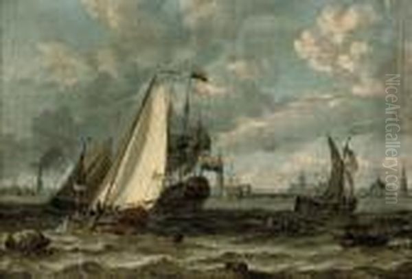 A Dutch Man-o'war And Other Shipping On A Blustery Day Oil Painting by Abraham Storck