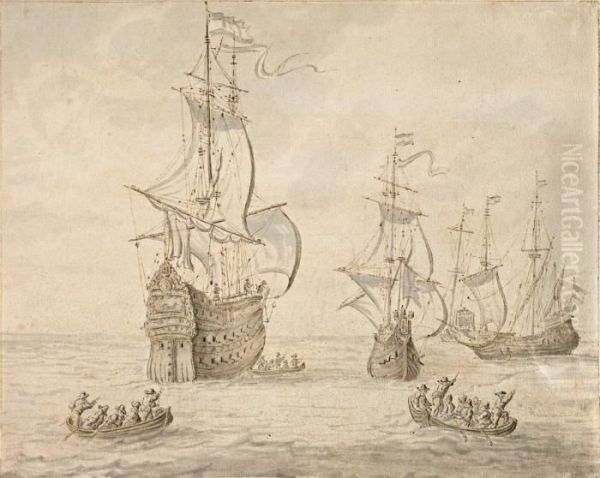 Segelschiffe Undzubringerboote Oil Painting by Abraham Storck