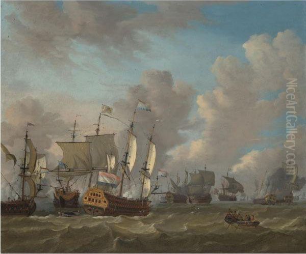 Dutch Ships In A Naval Skirmish Oil Painting by Abraham Storck