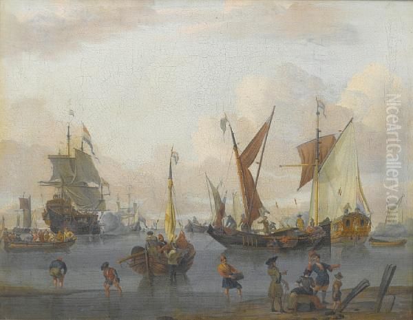 Figures Loading Barges With Shipping At Anchorbeyond Oil Painting by Abraham Storck