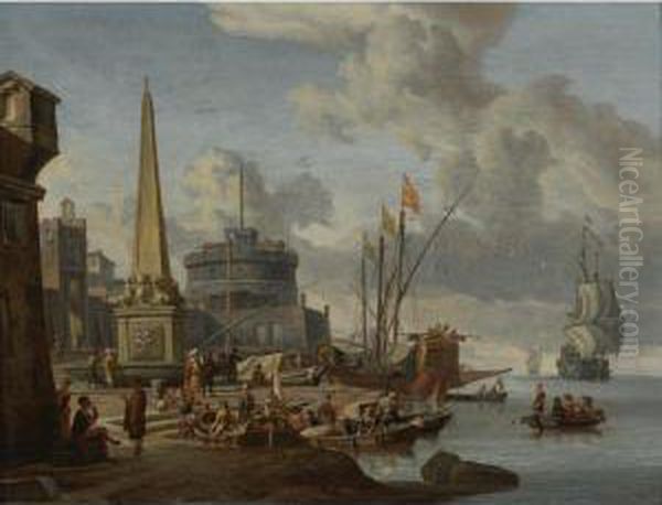 A Fortified Mediterranean Port With An Obelisk And A Galley Moorednearby Oil Painting by Abraham Storck