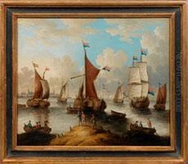 Paar Hollandische Hafenansichten Mit Segelschiffen Und Booten Oil Painting by Abraham Storck