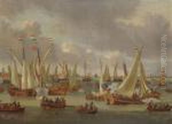 The Arrival Of Tsar Peter The Great In The Amsterdam Harbour Oil Painting by Abraham Storck