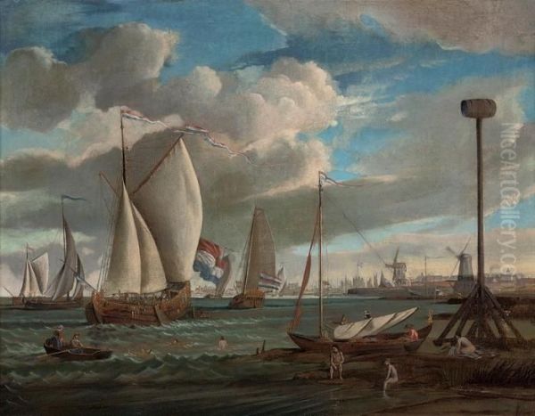 A View Of Amsterdam Harbour, With Fishing Boats And Other Shipping Oil Painting by Abraham Storck