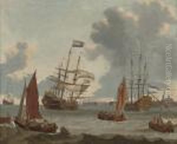 A Dutch Man-'o-war And Other Vessels Off The Coast Oil Painting by Abraham Storck