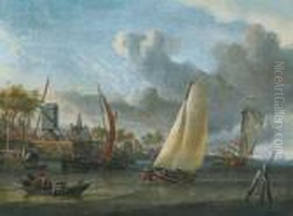 Barche A Vela E A Remi Davanti A Una Cittadina Della Costa Olandese Oil Painting by Abraham Storck