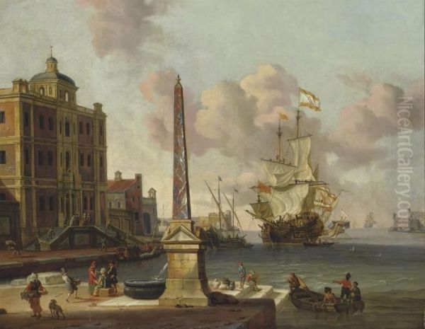 A Mediterranean Harbour With A Man O'war Approaching Oil Painting by Abraham Storck