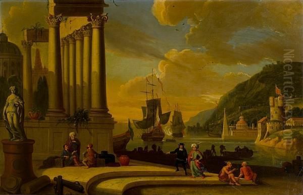 A Mediterranean Harbour, With 
Stevedores Resting Before Ruins And Elegant Figures On The Quay Oil Painting by Abraham Storck