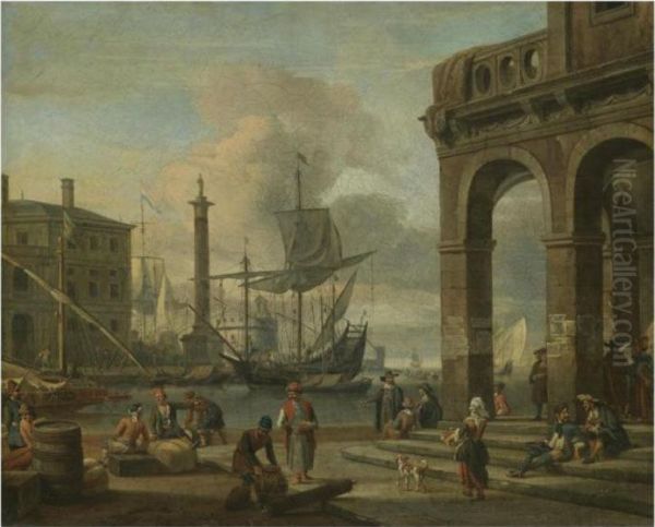 A Mediterranean Harbour Capriccio With Figures Unloading Cargo In The Foreground Oil Painting by Abraham Storck