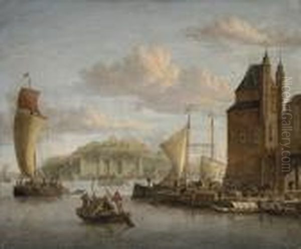 The Fortress Of Elsinore From 
The Harbour With Merchantmen, Figuresand Barges At The Quayside Oil Painting by Abraham Storck