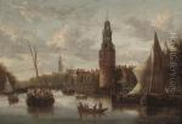 The Oude Schans Canal With The Tower Of Montelbaan, Amsterdam Oil Painting by Abraham Storck