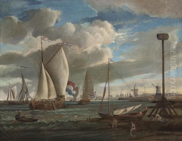 A View Of Amsterdam Harbour, With Yachts And Fishing Boats, Andbathers Oil Painting by Abraham Storck