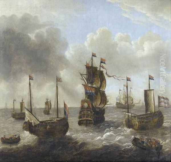 Seestuck Mit Kriegsschiffen Und Rettungsbooten Oil Painting by Abraham Storck