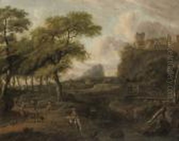 An Italianate Landscape With Travellers On A Track Oil Painting by Abraham Storck