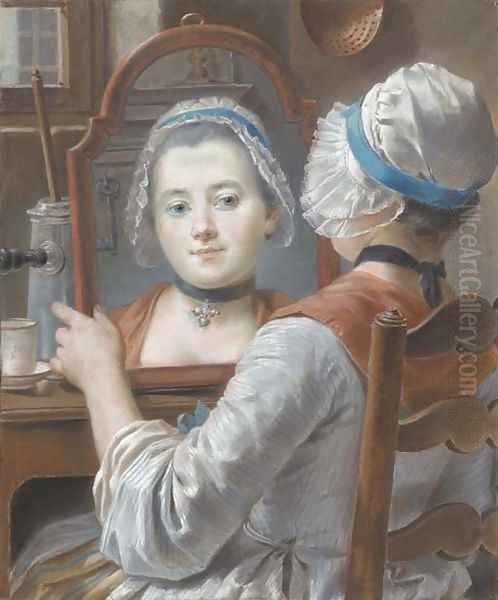 A girl wearing a bonnet, looking at herself in a mirror Oil Painting by French School