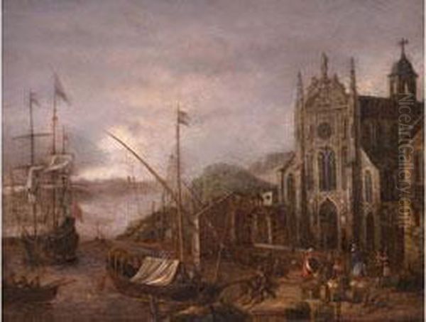 Uferlandschaft Mit Gotischer Kathedrale Und Anliegenden Schiffen Oil Painting by Abraham Storck