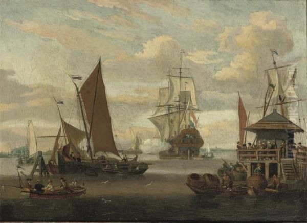 A View Of The Ij, Amsterdam, 
With Spectators On The Jetty Of A'boomhuisje' Watching A Man-o'-war 
Firing A Salute And Fishermenlanding Lobster Pots Oil Painting by Abraham Storck