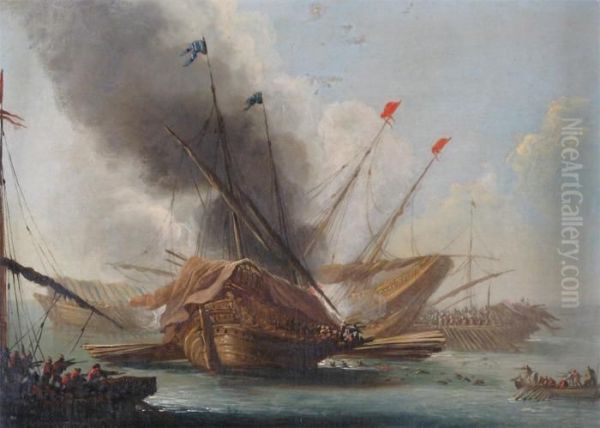 Battle Scene With Galleys Engaging Oil Painting by Abraham Storck