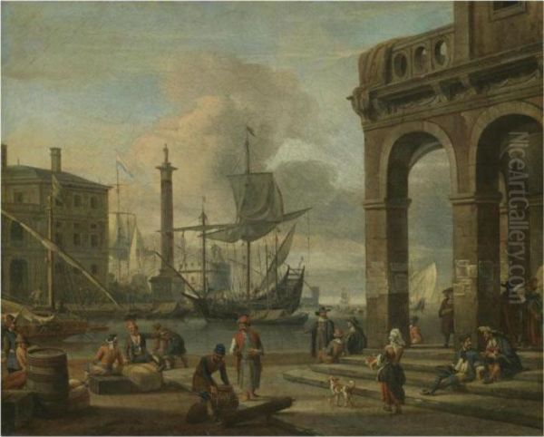 A Mediterranean Harbour Capriccio With Figures Unloading Cargo Inthe Foreground Oil Painting by Abraham Storck