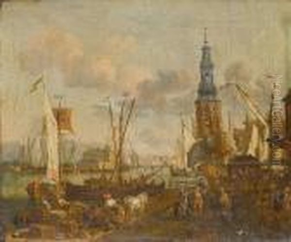 Amsterdam Harbour With The Haringpakkerstorenand Nieuwe Stads Herberg Oil Painting by Abraham Storck