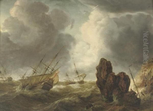 Shipping In Stormy Waters Near A Rocky Coast Oil Painting by Abraham Storck