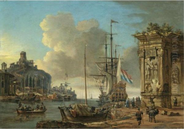 A Mediterranean Harbour Scene 
With A Dutch Man O' War At Anchor, With Orientals Conversing In The 
Foreground Beneath A Roman Triumphal Arch Oil Painting by Abraham Storck