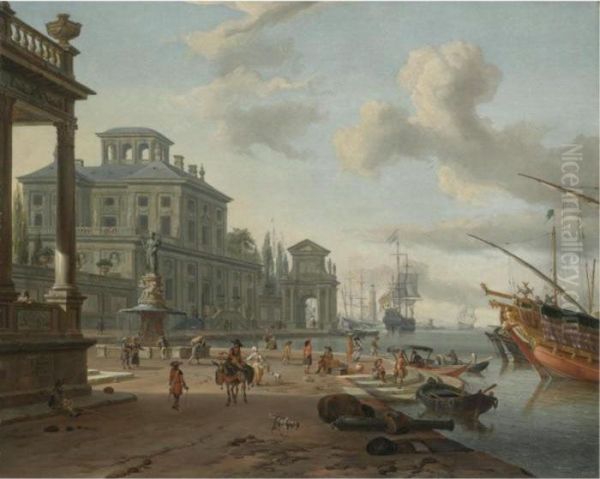 A Capriccio View Of An 
Italianate Harbour With Figures On The Quay Beneath Classical Buildings Oil Painting by Abraham Storck