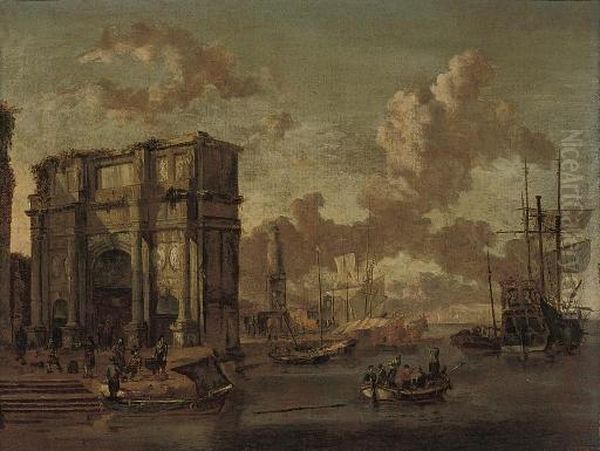 A Capriccio Of A Mediterranean 
Harbour With The Arch Of Constantine And A Dutch Man O'war And Other 
Shipping Oil Painting by Abraham Storck