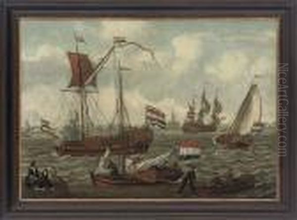 A Dutch Man-o'war Signalling Its Departure With Other Shipping In Choppy Seas Oil Painting by Abraham Storck